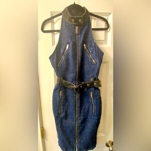 Y2K Diesel halter ruched denim midi bodycon dress w leather accents S